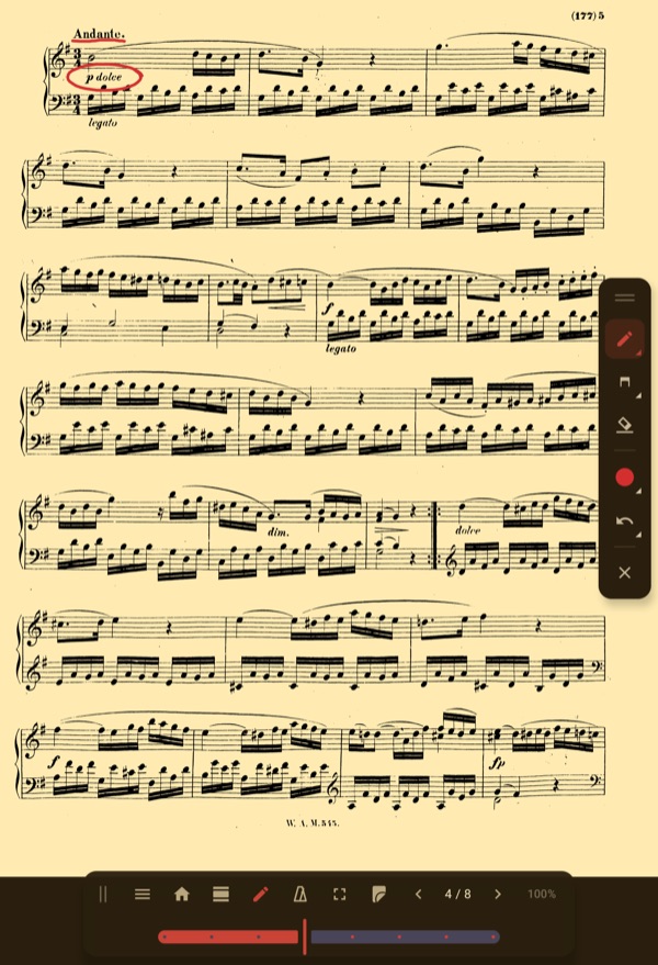 Writing on the score: the marking palette is open on the right; a circle and an underline drawn in red pen on the page.