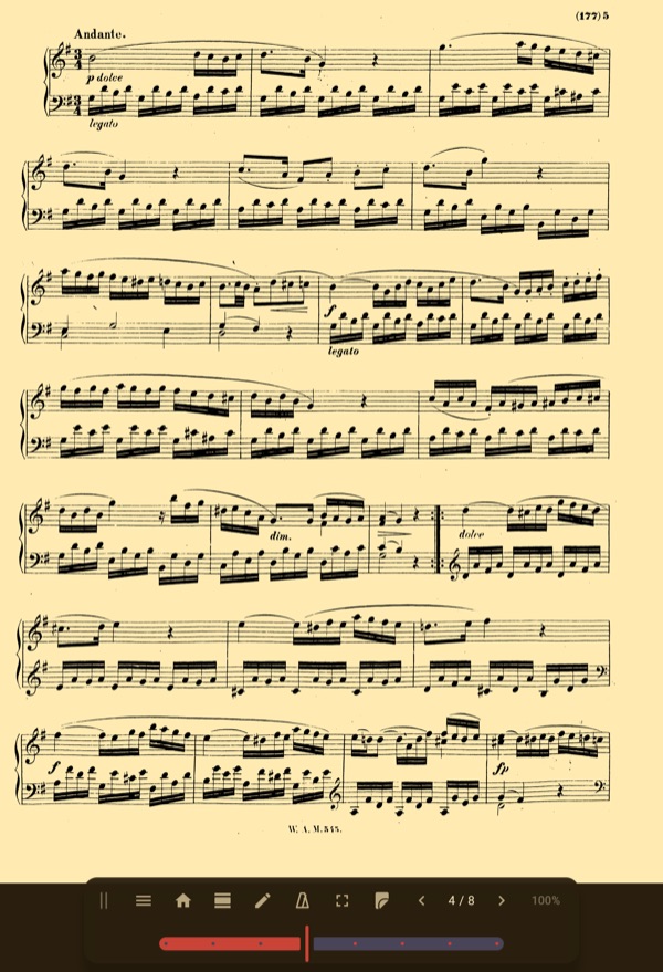 Scorrenza on an Android tablet: an open page of piano music, with the toolbar and the page bar at the bottom.